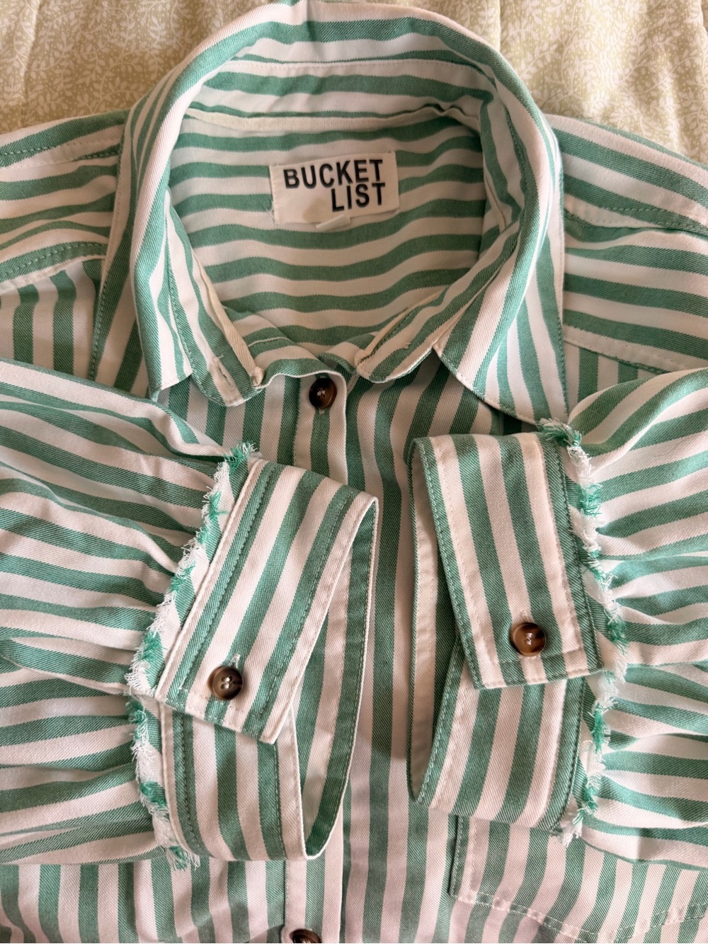 Striped Ruffle Hem Button-Front Top - Mint Green - size M - Picture 10 of 10